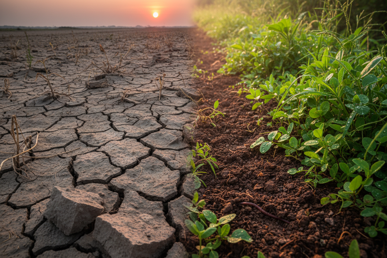 "Suelo agrietado y degradado en campo agrícola como ejemplo del impacto de la pérdida de fertilidad en la productividad"