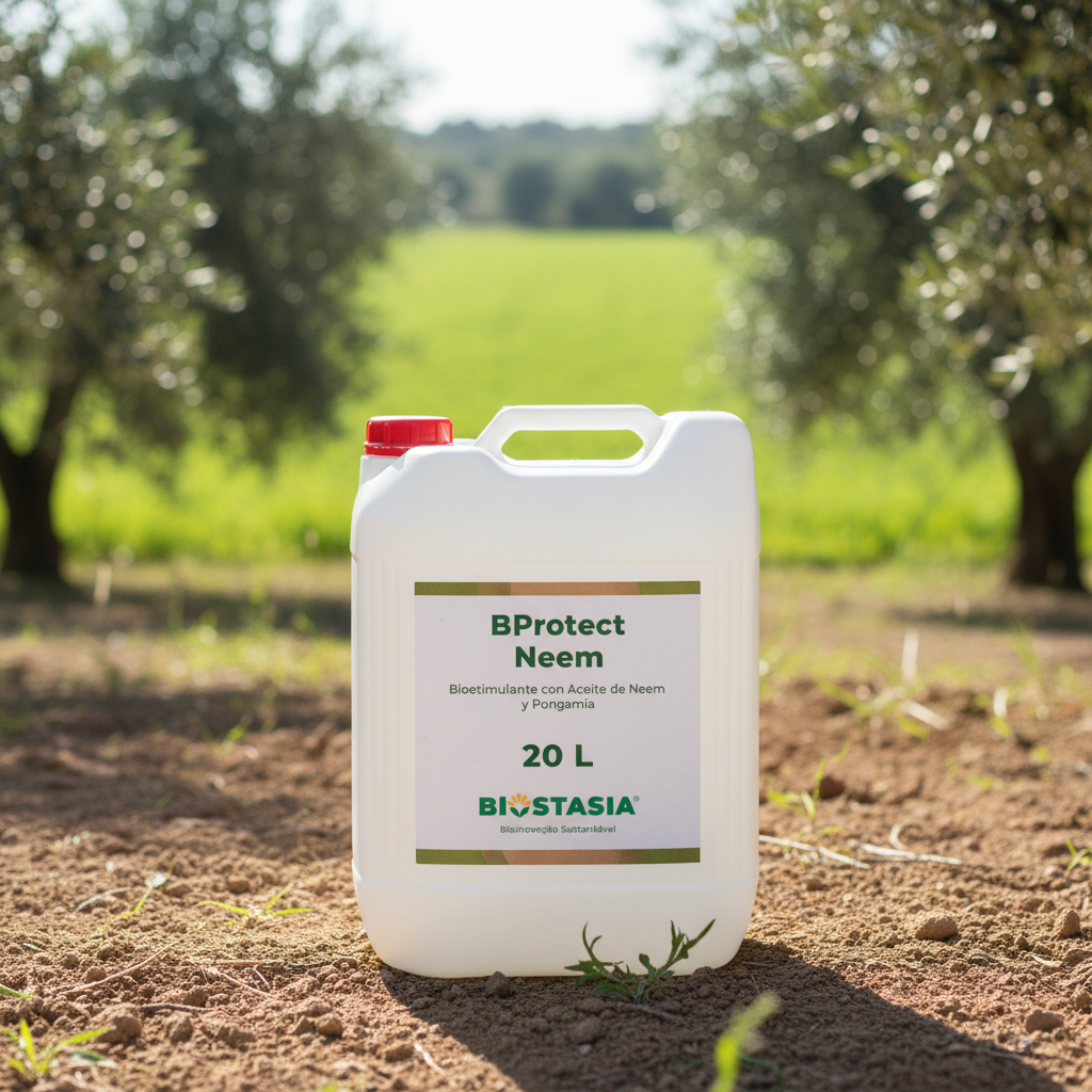 BProtect Neem envase 20 litros con logo Biostasia en ambiente agrícola natural