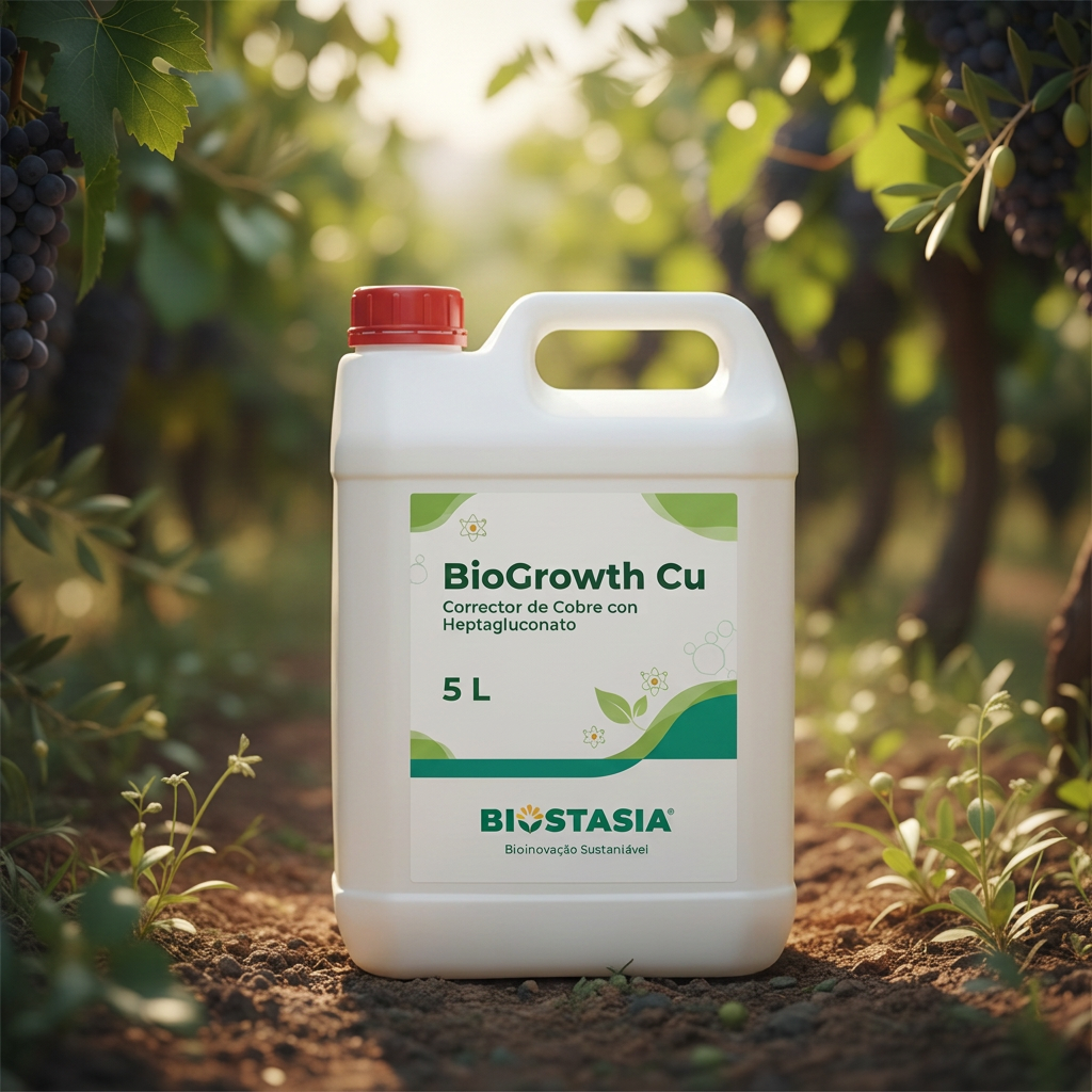 Garrafa de 5 litros de BioGrowth Cu de Biostasia en un viñedo con luz natural cálida