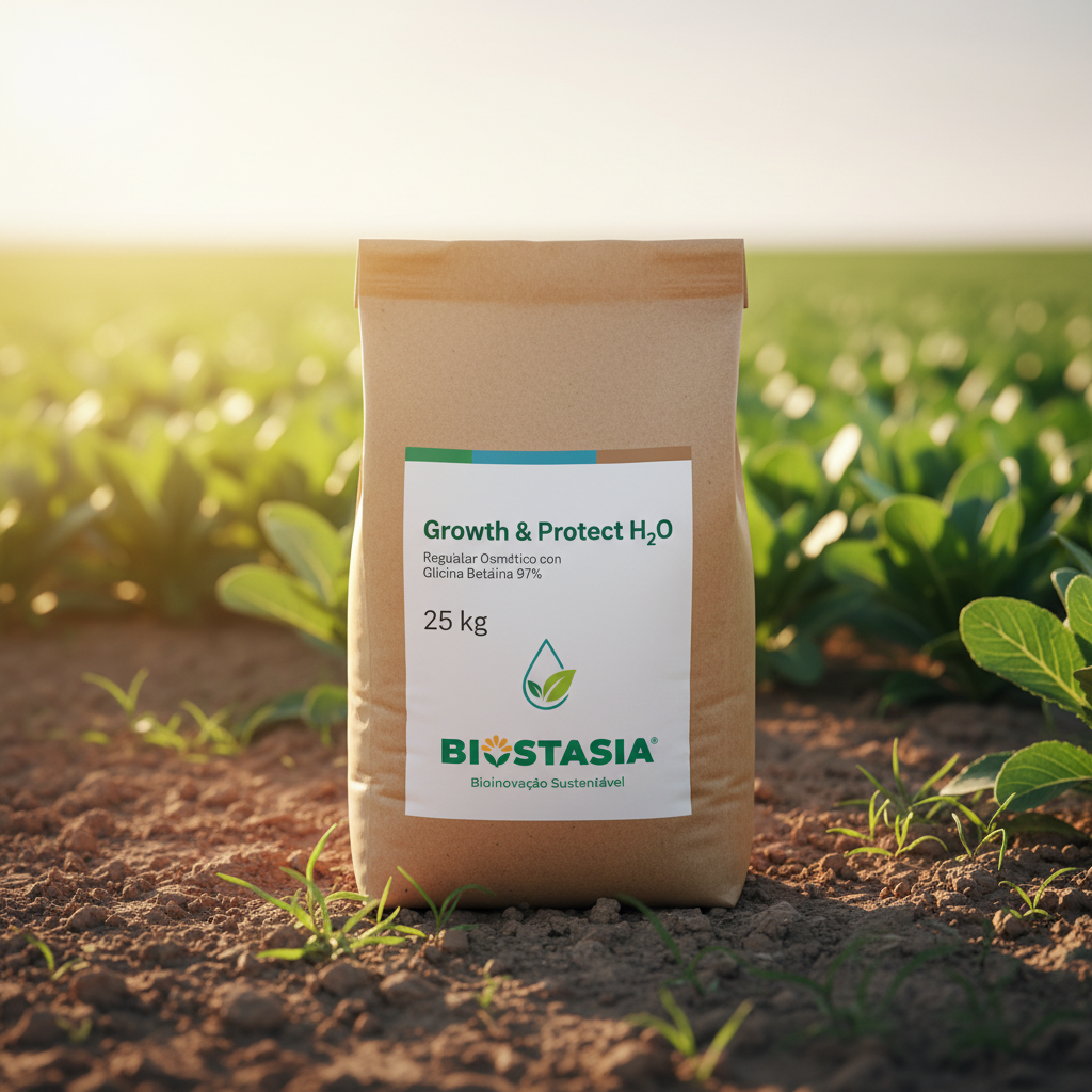 Growth & Protect H2O saco 25 kg ecológico con logo Biostasia en ambiente de campo bajo estrés hídrico