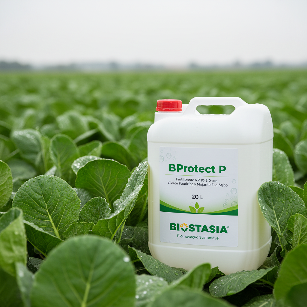 BProtect P envase 20 litros con logo Biostasia en ambiente de hojas limpias con gotas de agua