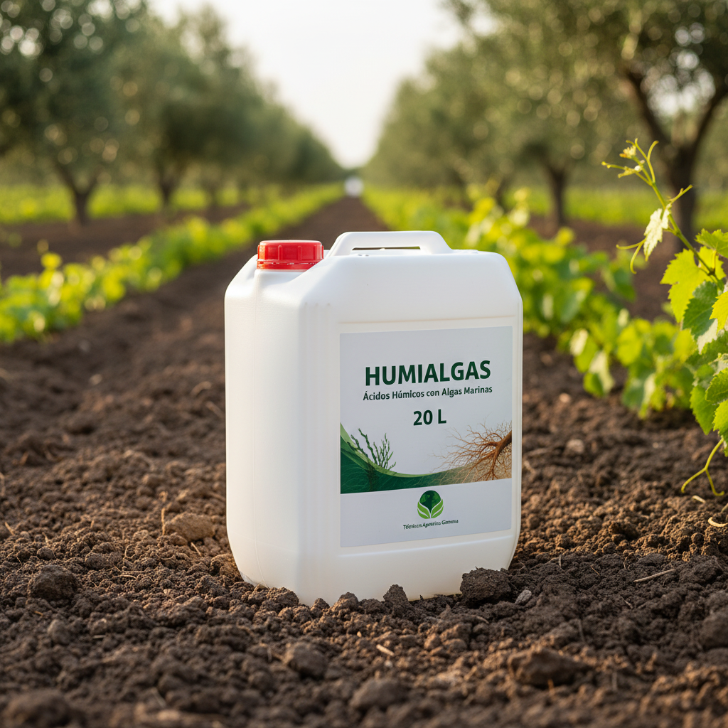 HUMIALGAS envase 20 litros con logo Técnicas Agrarias Gimena en ambiente de suelo fértil con cultivos