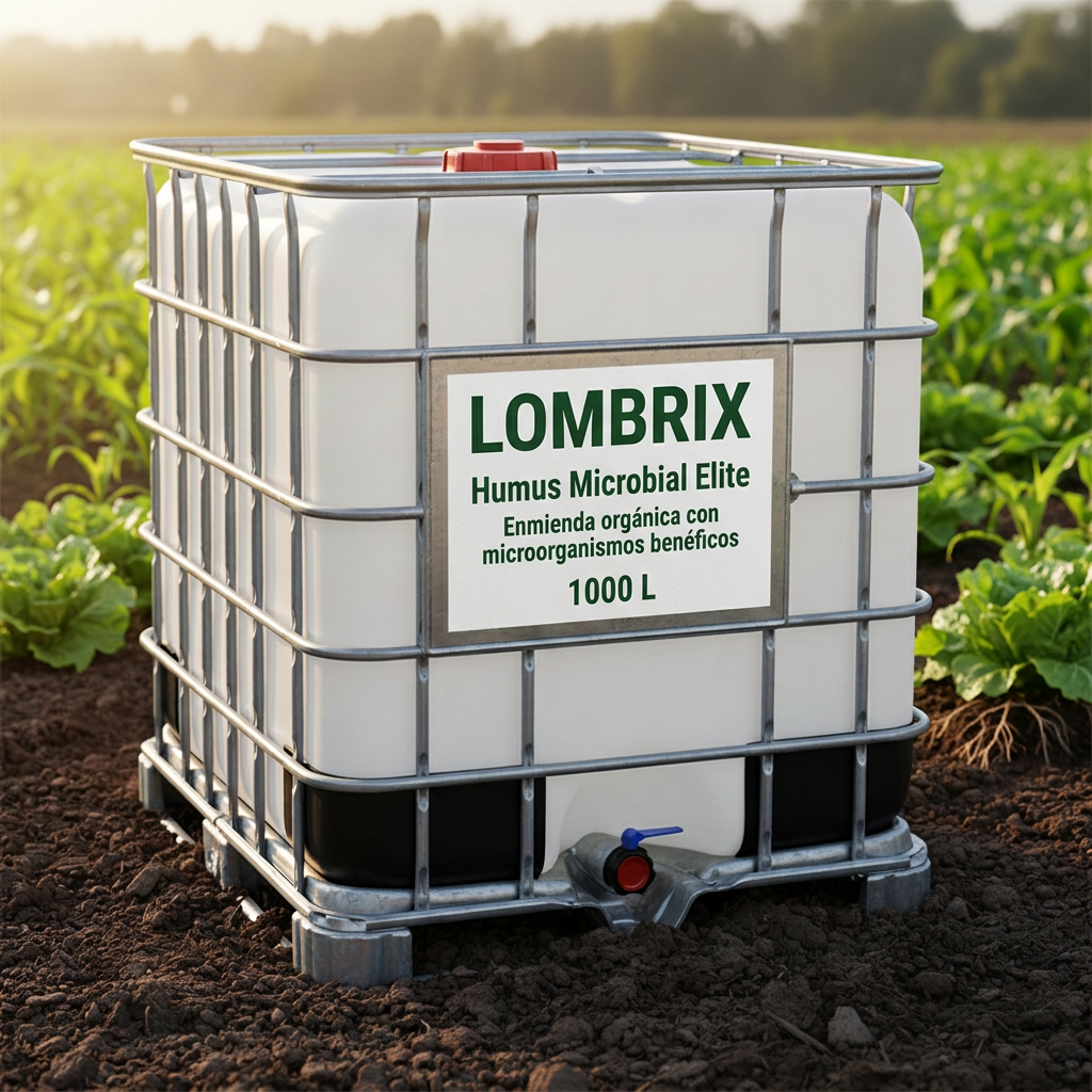 IBC de 1000 L de Humus Microbial Elite con etiqueta LOMBRIX en el campo