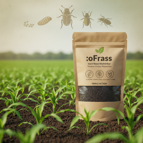 :oFrass – biofertilizante sólido de Tenebrio molitor con quitina, ácidos húmicos y NPK 5-4-3 para nutrir, estimular y fortalecer cultivos