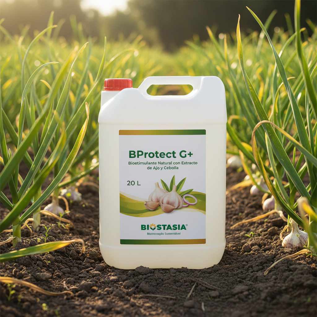BProtect G+ envase 20 litros con logo Biostasia en ambiente de cultivo con ajo y cebolla