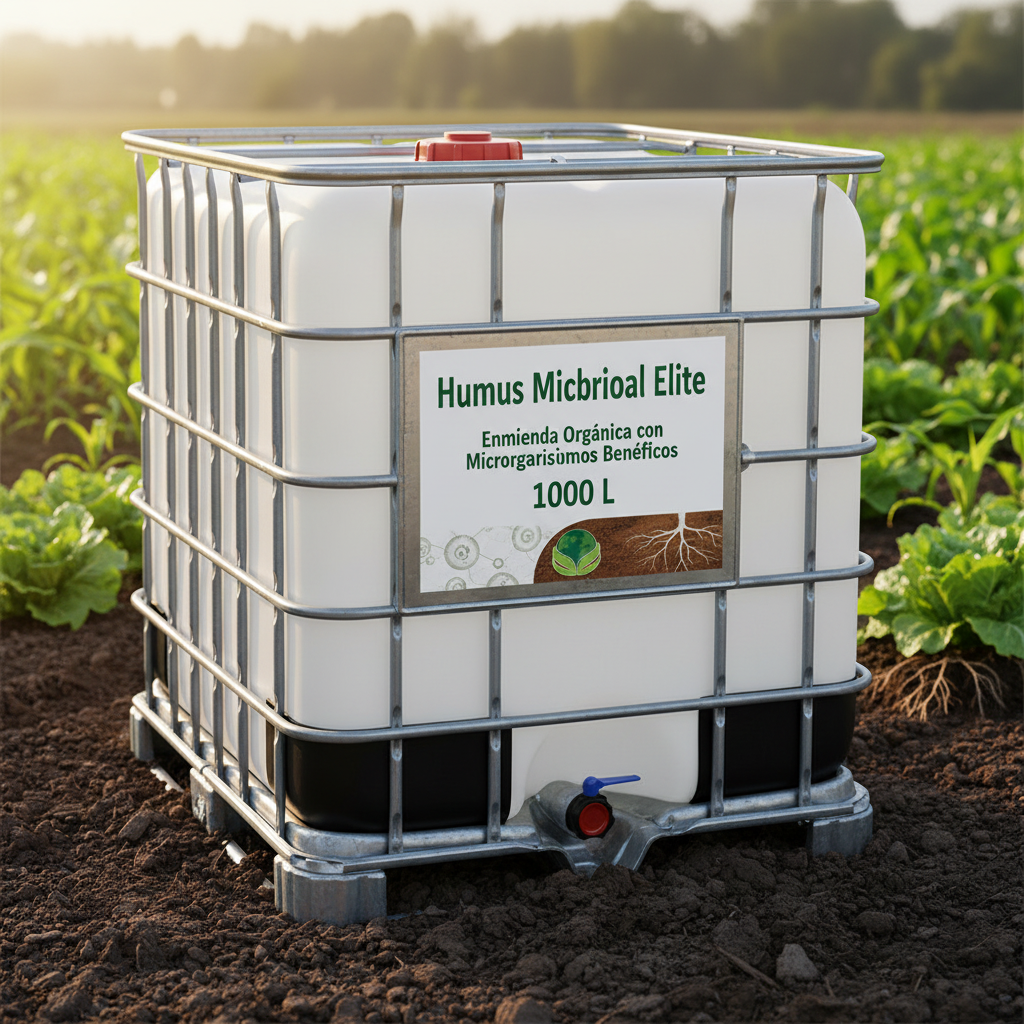 Humus Microbial Elite contenedor IBC 1000 litros con logo Técnicas Agrarias Gimena en ambiente agrícola