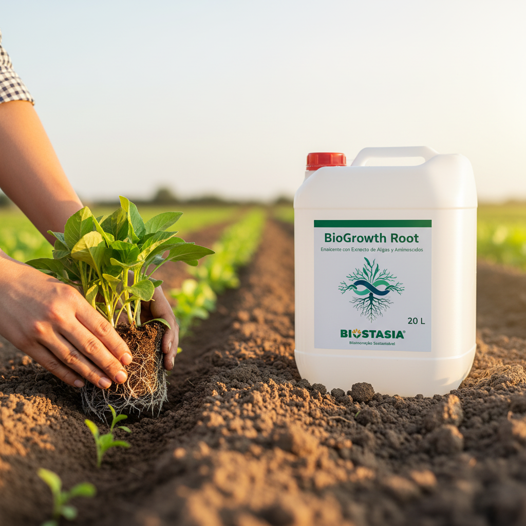BioGrowth Root envase 20 litros con logo Biostasia en ambiente de enraizamiento con plántulas y raíces