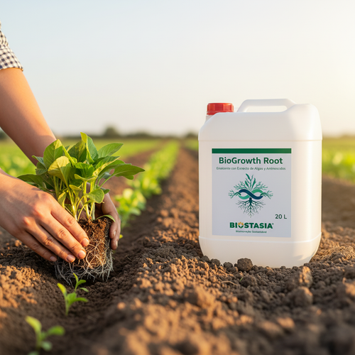 BioGrowth Root envase 20 litros con logo Biostasia en ambiente de enraizamiento con plántulas y raíces
