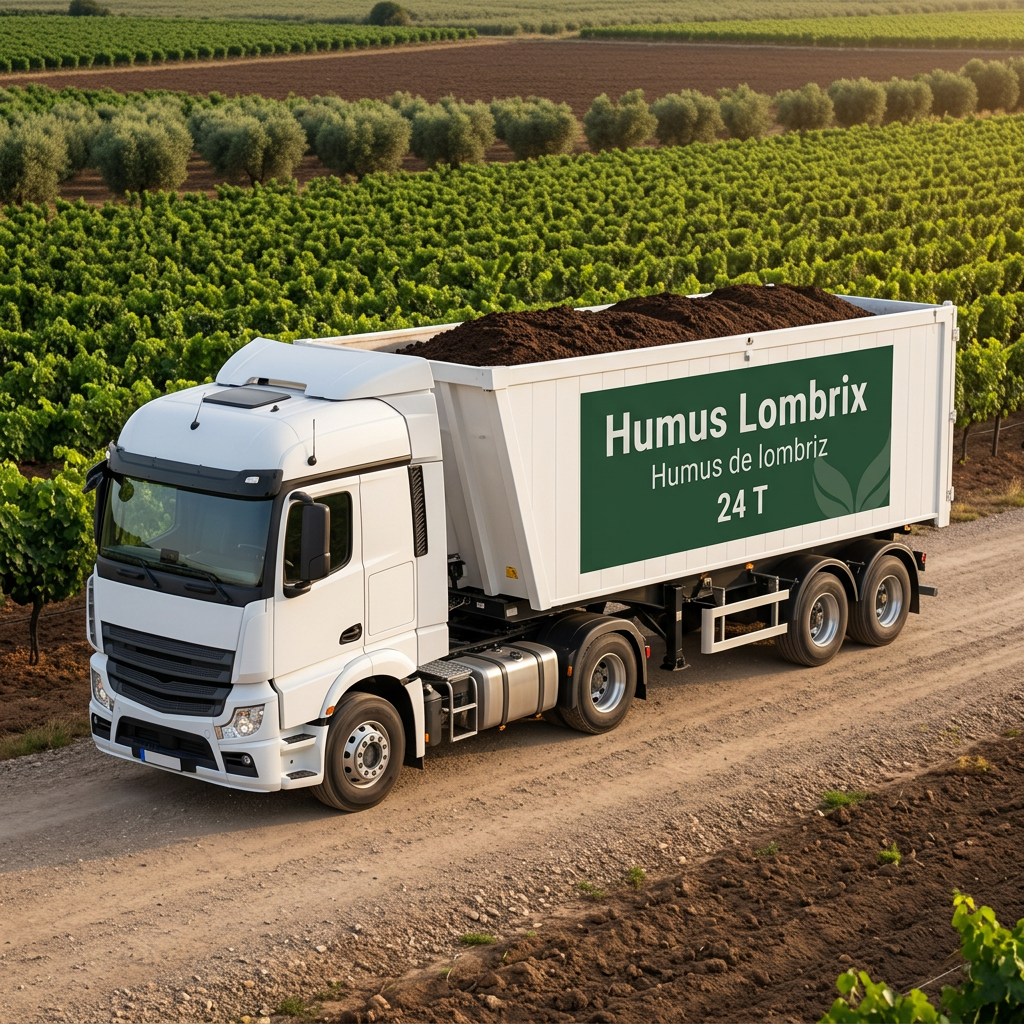 Camión de 24 T de humus de lombriz Humus Lombrix en un entorno agrícola