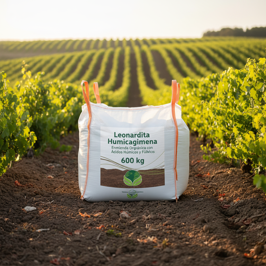 Leonardita Humicagimena big bag 600 kg con logo Técnicas Agrarias Gimena en ambiente agrícola