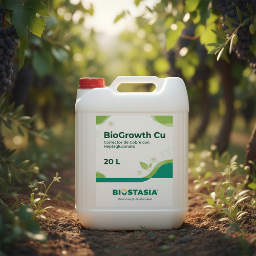 BioGrowth Cu envase 20 litros con logo Biostasia en ambiente agrícola natural