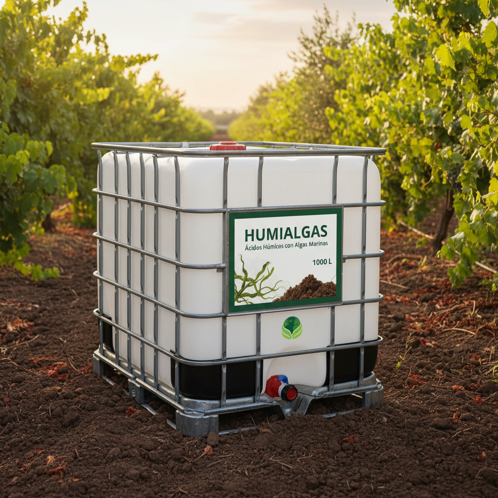 HUMIALGAS contenedor IBC 1000 litros con logo Técnicas Agrarias Gimena en ambiente agrícola