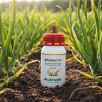 BProtect G+ envase 250 ml con logo Biostasia en ambiente de cultivo con ajo y cebolla