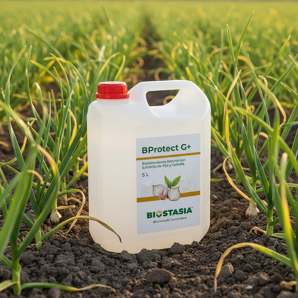 BProtect G+ envase 5 litros con logo Biostasia en ambiente de cultivo con ajo y cebolla