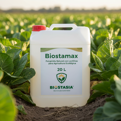 Biostamax envase 20 litros con logo Biostasia en ambiente agrícola natural