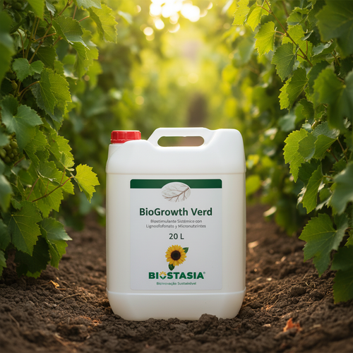 BioGrowth Verd envase 20 litros con logo Biostasia en ambiente agrícola natural