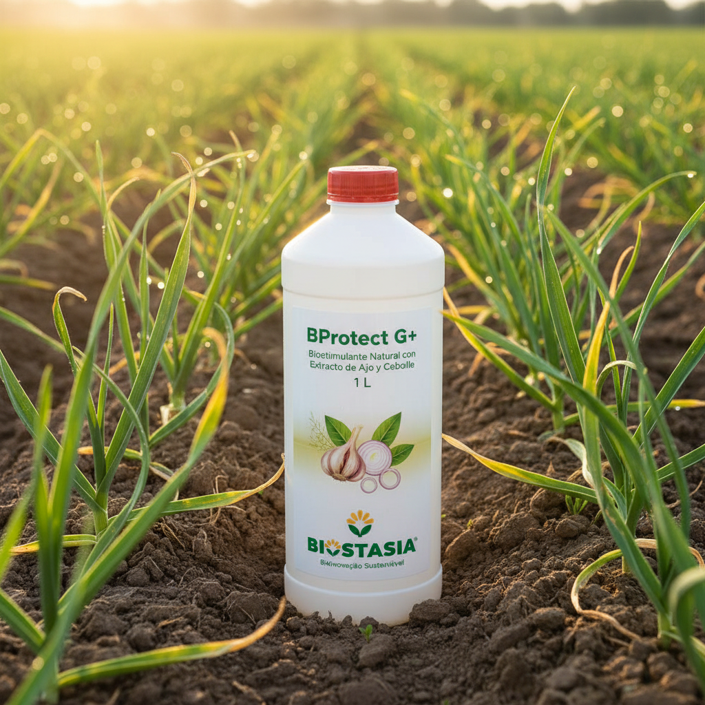 BProtect G+ envase 1 litro con logo Biostasia en ambiente de cultivo con ajo y cebolla