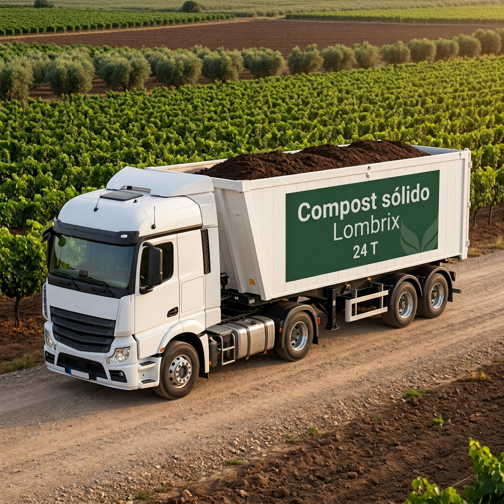 Camión de 24 T de compost sólido Lombrix en un entorno agrícola con cultivos y luz natural cálida