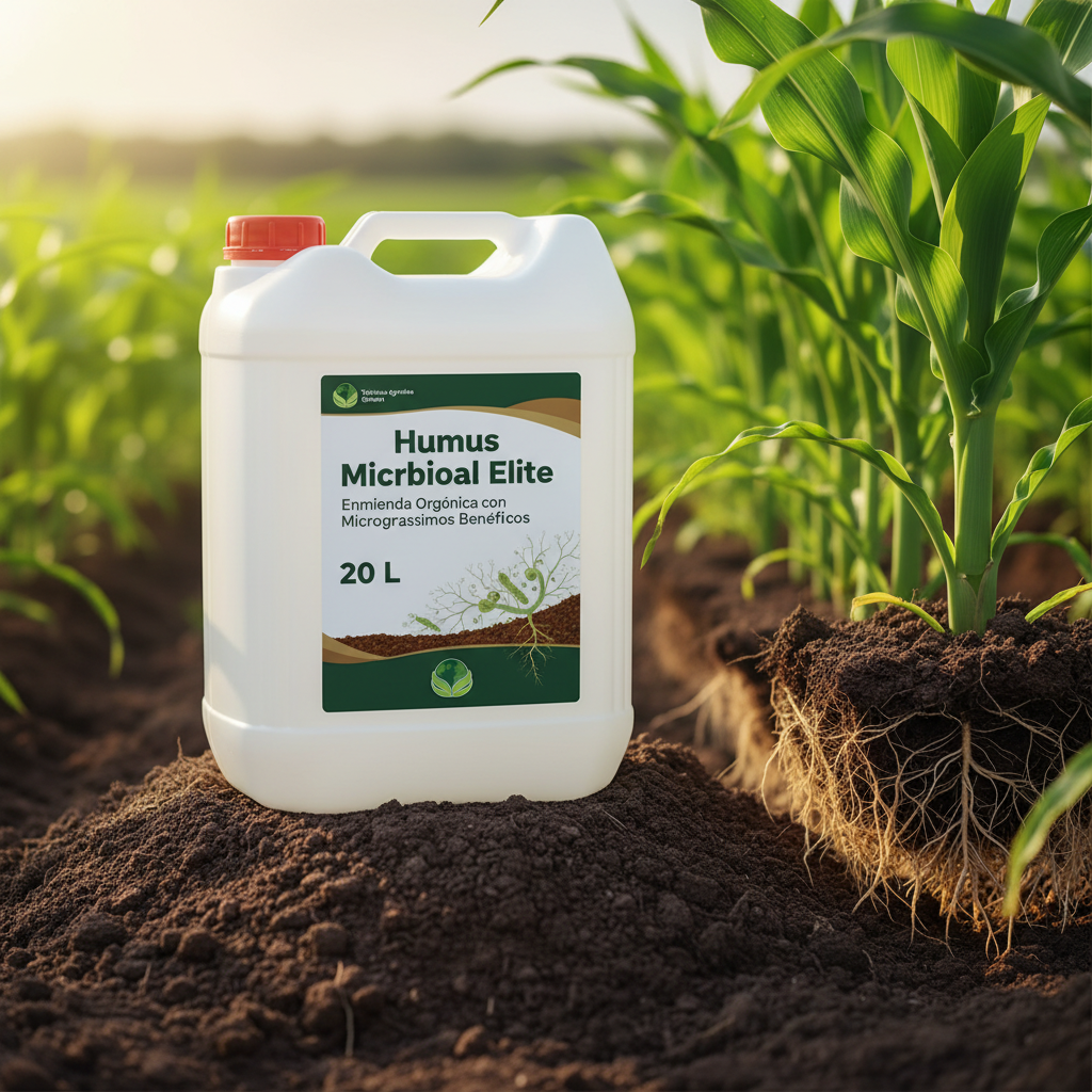 Humus Microbial Elite envase 20 litros con logo Técnicas Agrarias Gimena en ambiente agrícola