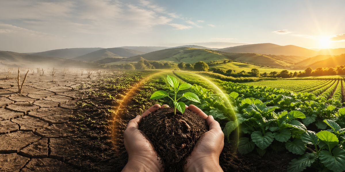 Paisaje agrícola panorámico que muestra la transición de tierra agrietada y seca a un cultivo verde y saludable bajo la luz del sol.
